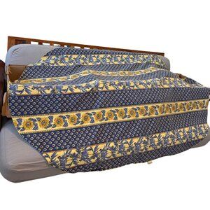 Vtg Vent Du Sud Tablecloth Sunflower & Olive Pattern Blue Yellow 77"x55" France